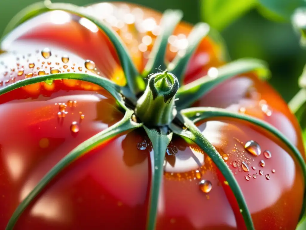 Una tomate orgánico seleccionado a mano, con colores vibrantes y gotas de agua brillando al sol