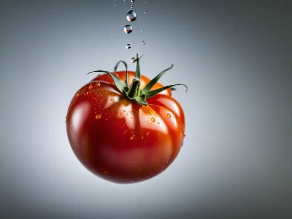 Una tomate orgánico suspendido en el aire, con piel brillante y hojas verdes