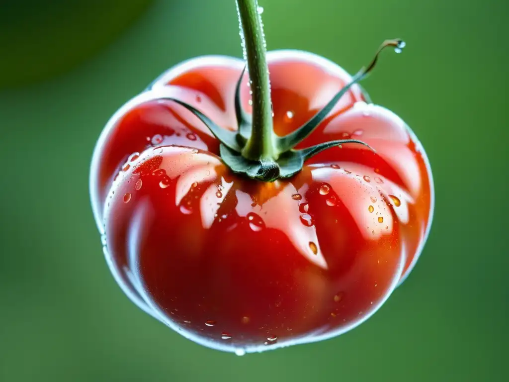 Un tomate orgánico suspendido en el aire, bañado en luz natural, con gotas de agua brillantes en su superficie