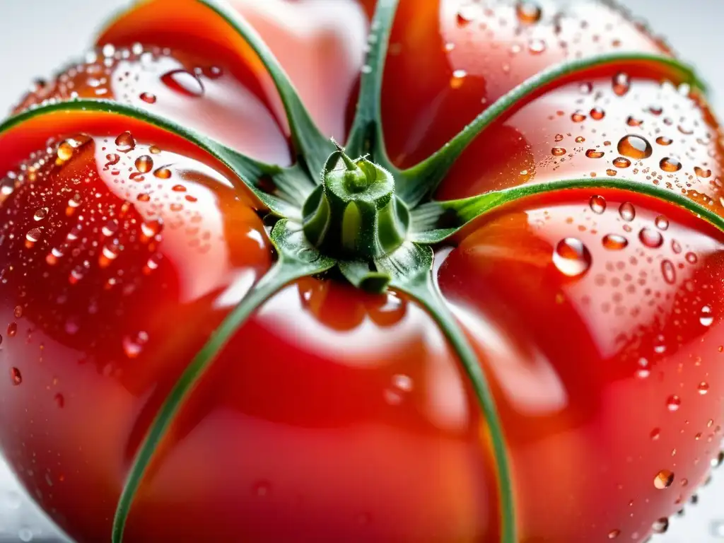 Tomate orgánico vibrante con gotas de rocío, simetría perfecta y color rojo intenso, reflejando la luz en diminutos arcoíris