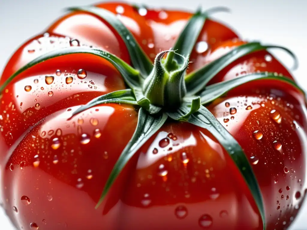 Tomate rojo brillante con gotas de agua, detalle ultra definido