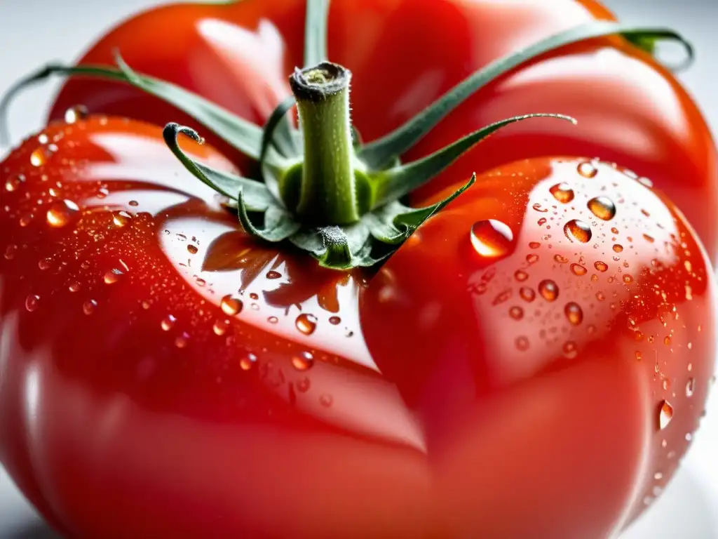 Tomate rojo en forma de corazón con gotas de agua, iluminado suavemente