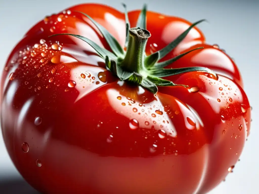 Tomate rojo y fresco con gotas de agua, sobre superficie blanca