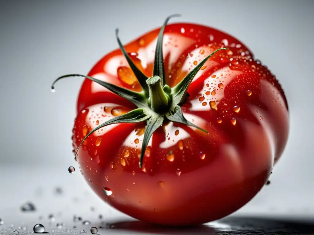 Tomate rojo maduro con gotas de agua suspendido en aire