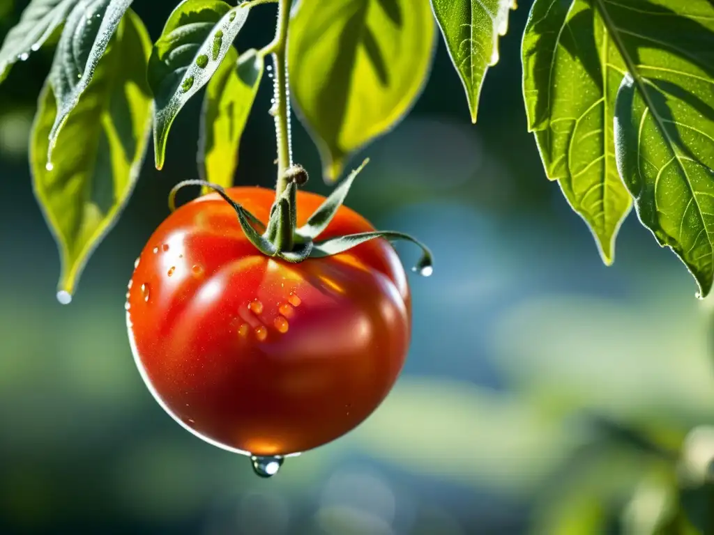 Tomate rojo maduro con gotas de agua, bañado por la luz del sol entre las hojas