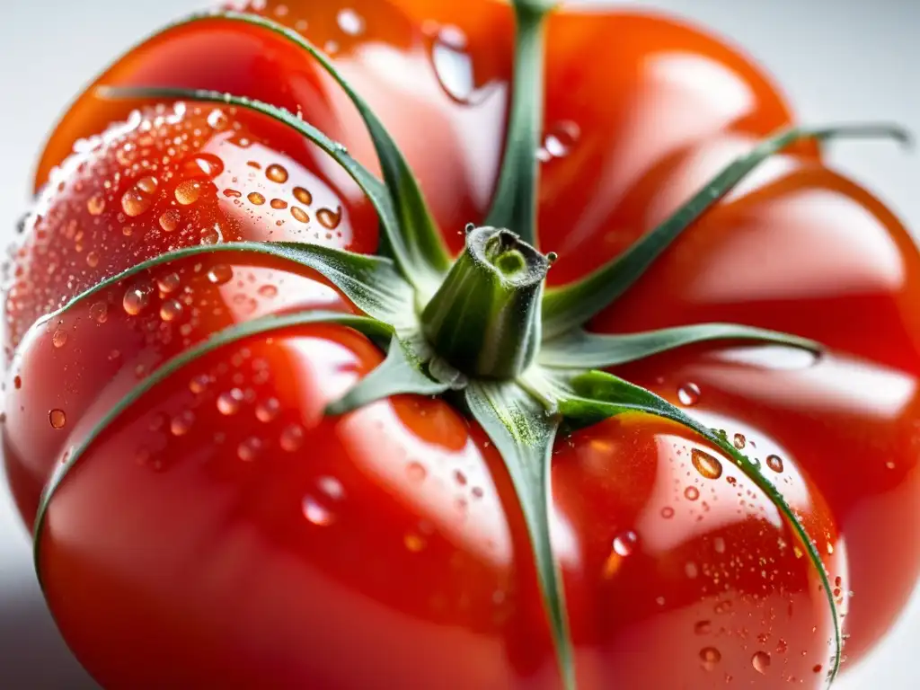 Tomate rojo maduro con gotas de agua, luz del sol resaltando su piel suave y tallo