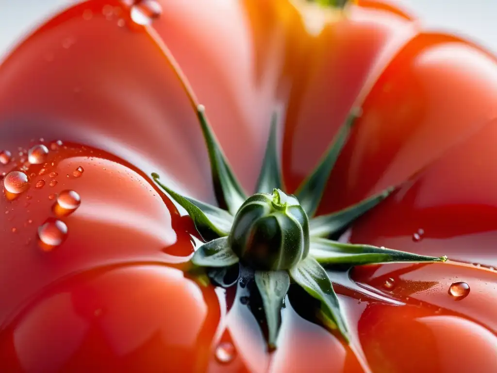 Tomate rojo maduro con gotas de agua, iluminado en un fondo blanco