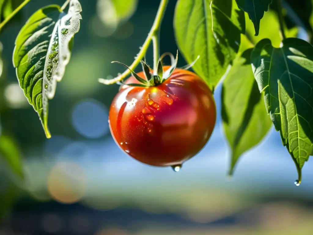 Tomate rojo maduro con gotas de agua, iluminado por el sol entre las hojas