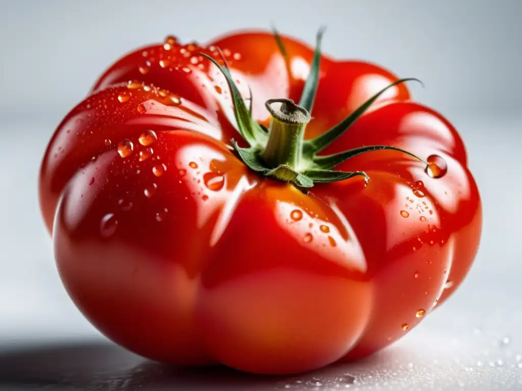 Tomate rojo maduro con gotas de agua, textura detallada