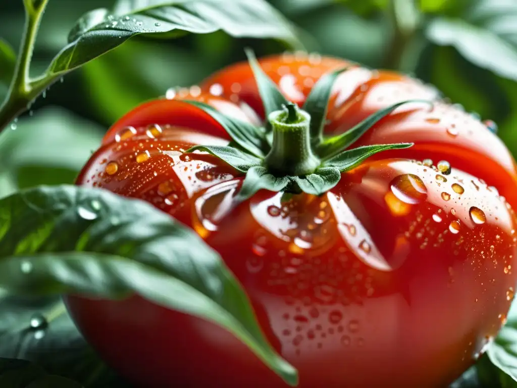 Tomate rojo maduro con gotas de agua y hojas verdes de albahaca, evocando frescura y belleza natural