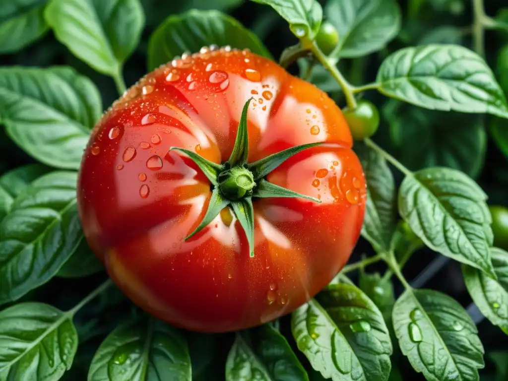 Tomate rojo maduro sobre hojas verdes exuberantes, resaltando la importancia de la trazabilidad en alimentos orgánicos