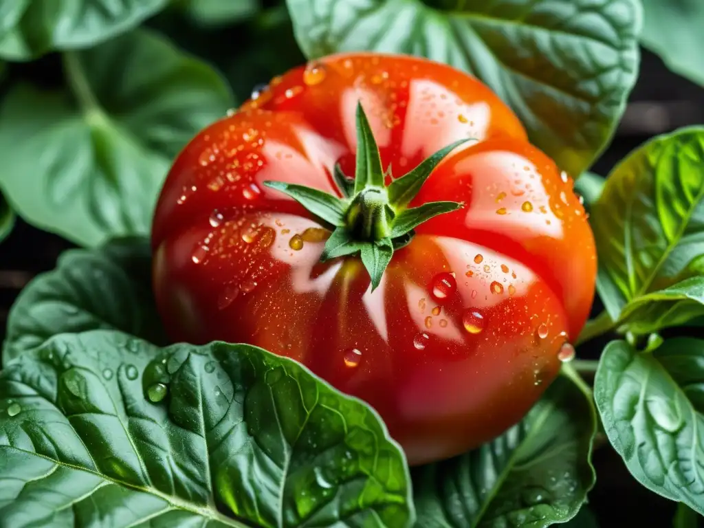 Un tomate rojo maduro reposa sobre hojas verdes de albahaca