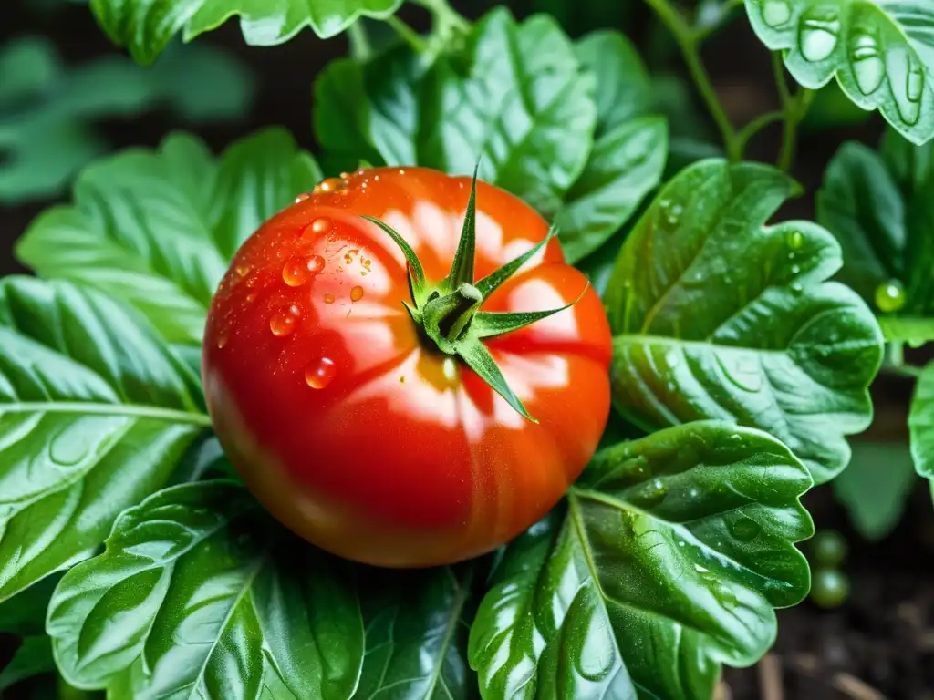 Tomate rojo maduro sobre hojas verdes, con gotas de agua brillantes