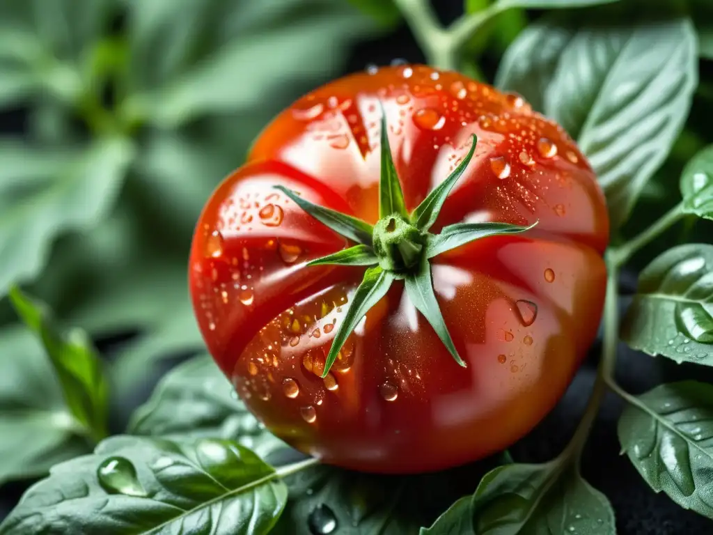 Tomate rojo vibrante con gotas de agua sobre hojas verdes de albahaca, destacando la belleza natural del producto orgánico en un mercado saturado