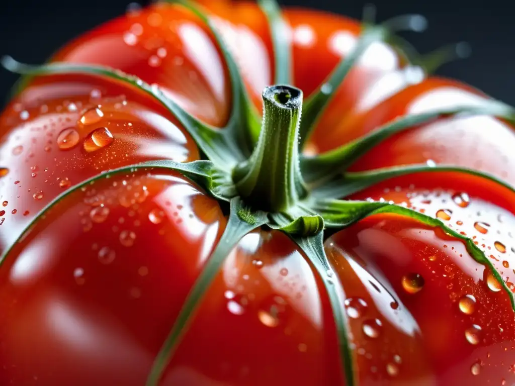 Tomate rojo vibrante con gotas de agua, resaltando la importancia de la trazabilidad de alimentos orgánicos