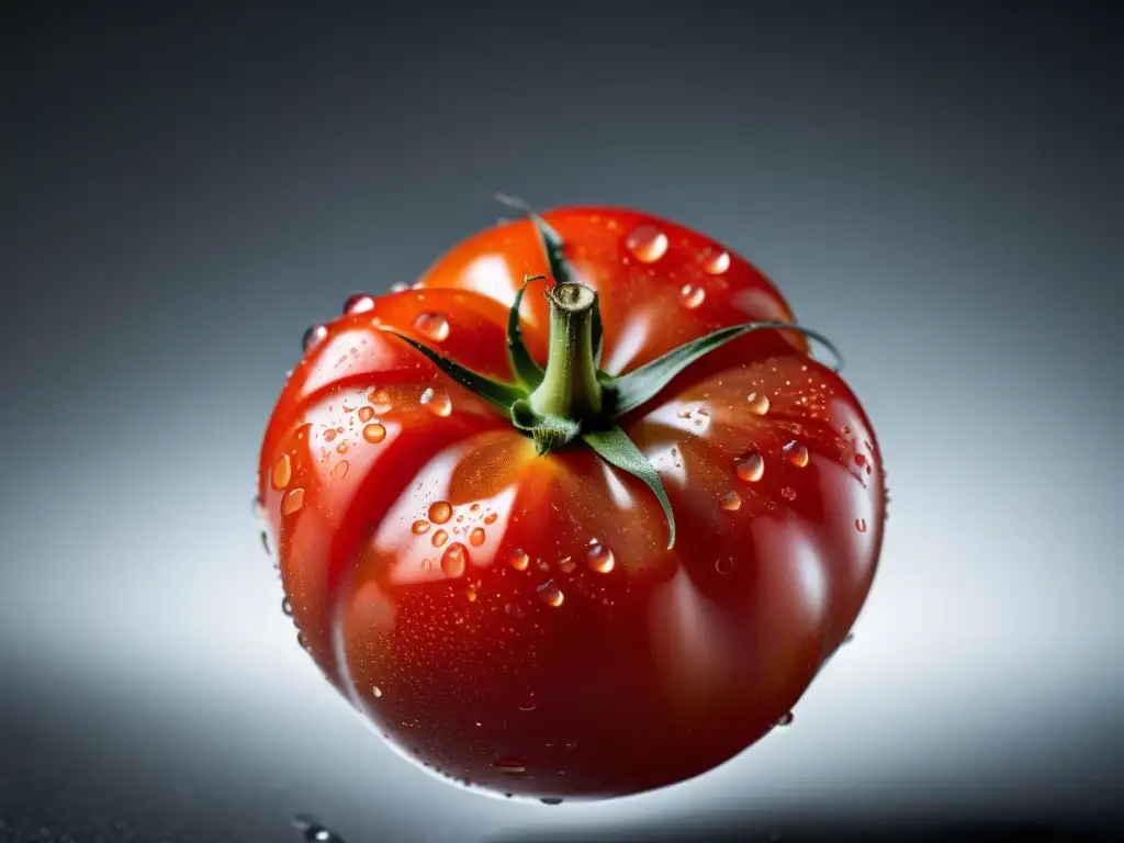 Un tomate rojo vibrante con gotas de agua, resalta su belleza orgánica