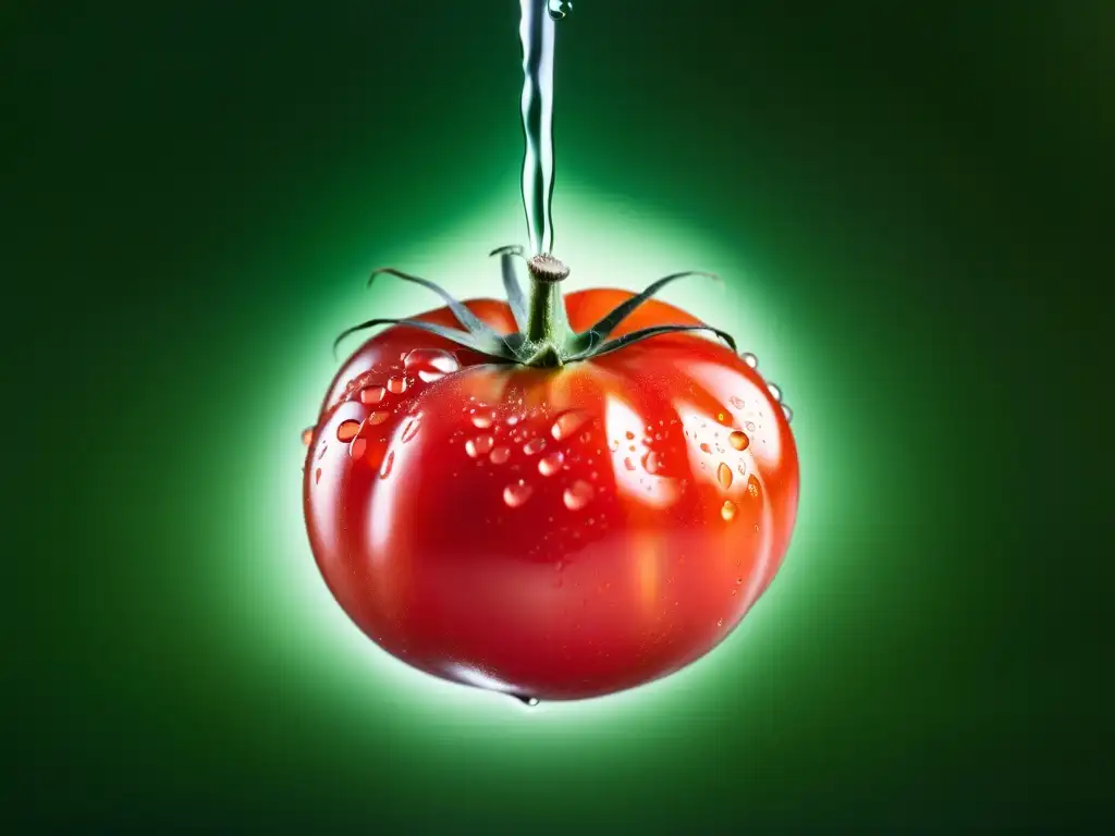 Un tomate rojo vibrante con gotas de agua, iluminado suavemente para resaltar cada detalle