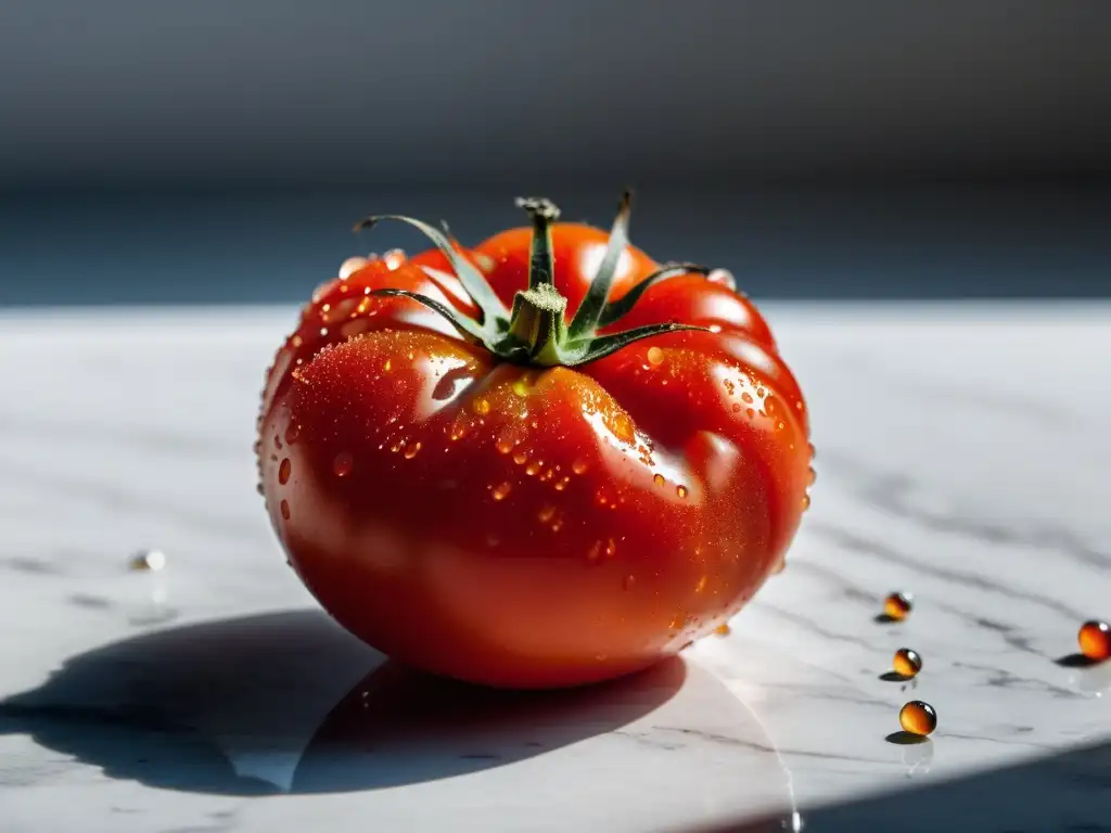 Un tomate rojo vibrante y maduro descansa sobre un mostrador de mármol blanco, cubierto de gotas de agua