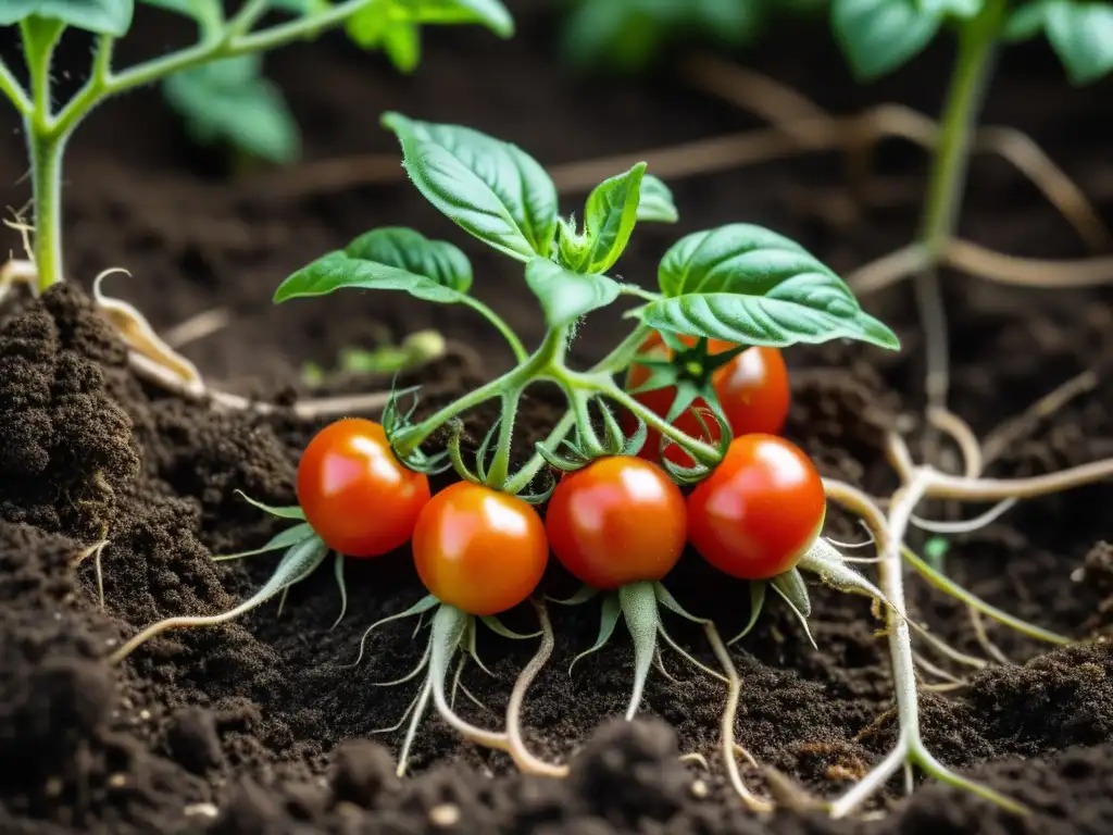 Un tomate creciendo en suelo orgánico, rodeado de hongos tricodermas