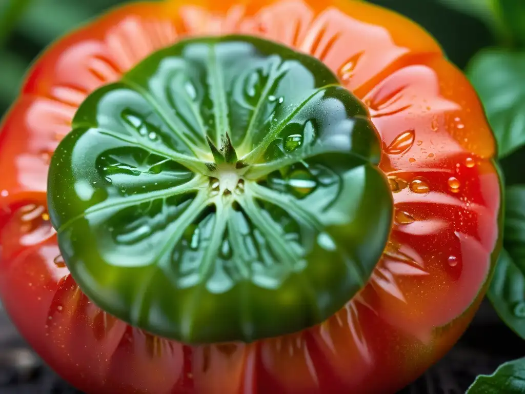 Tomate de variedad única con patrones intrincados en su piel, resaltando la preservación de variedades genéticas en la permacultura