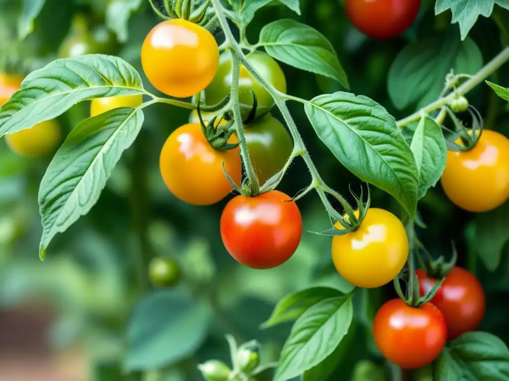 Tomatera orgánica saludable bañada por el sol, detalle de hojas, flores amarillas y primeros tomates madurando