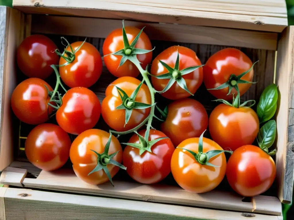 Tomates maduros recién cosechados en caja de madera, bañados por luz natural, perfectos para recetas cocina mediterránea orgánica