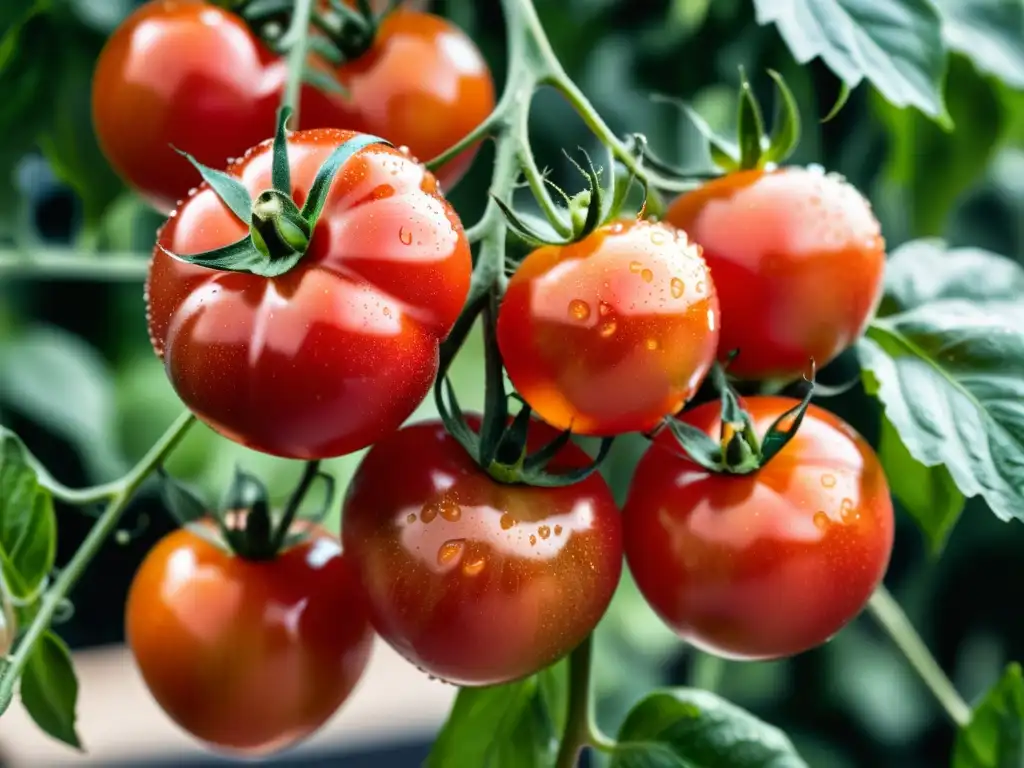 Tomates orgánicos con agua, brillantes y perfectamente formados