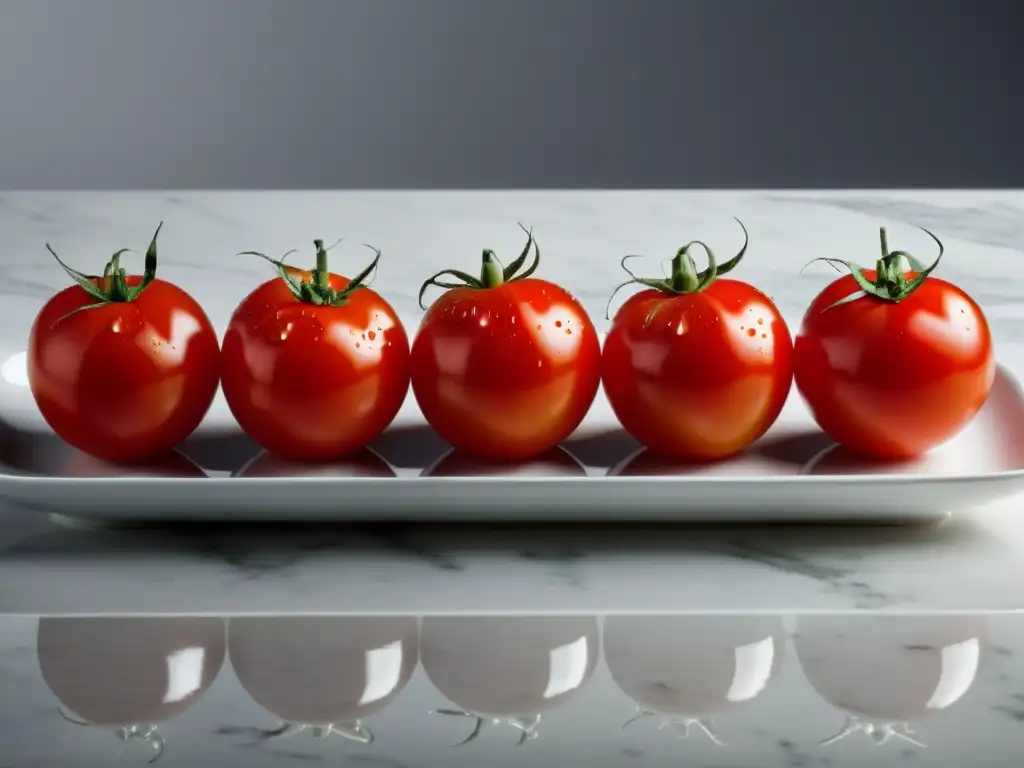 Tomates orgánicos frescos en plato blanco sobre encimera de mármol