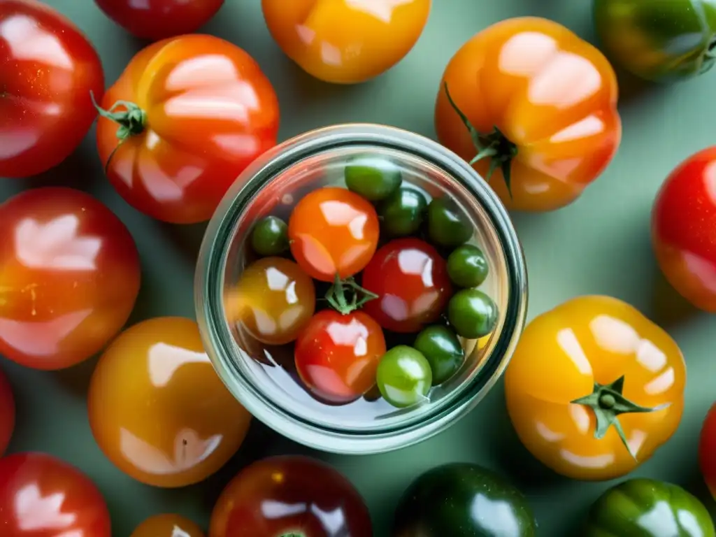 Tomates orgánicos recién cosechados en frasco de vidrio transparente, con gotas de agua