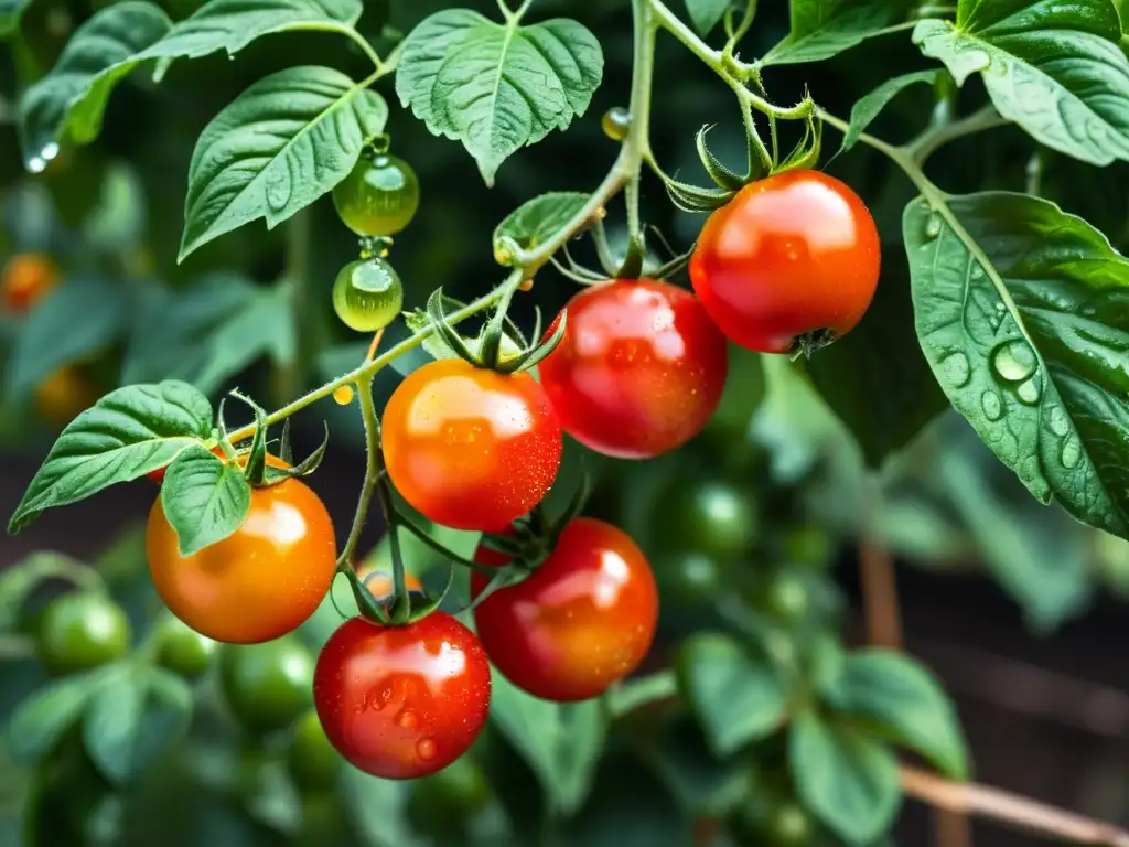 Tomates rojos vibrantes en un viñedo orgánico certificado, bañados por la luz del sol