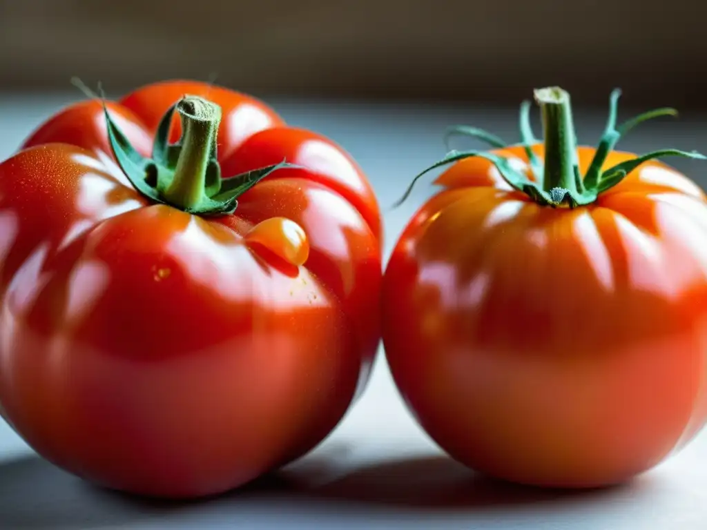 Dos tomates, uno transgénico y otro orgánico, con diferencias en color, textura y forma