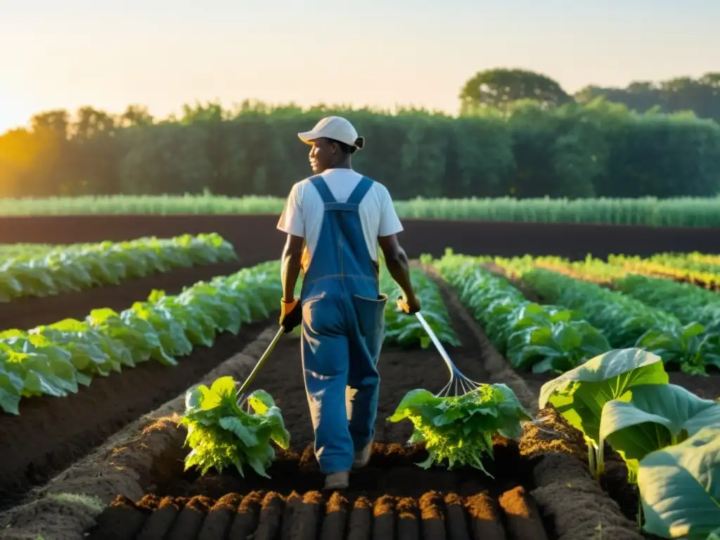 Un trabajador en una granja orgánica cuida un compostaje mientras el sol ilumina el campo