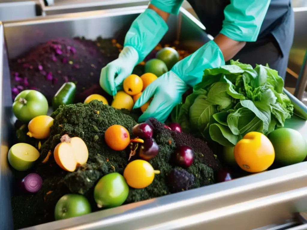 Trabajadores manejan el desperdicio alimentario orgánico en una moderna planta de compostaje, creando una escena vibrante y responsable