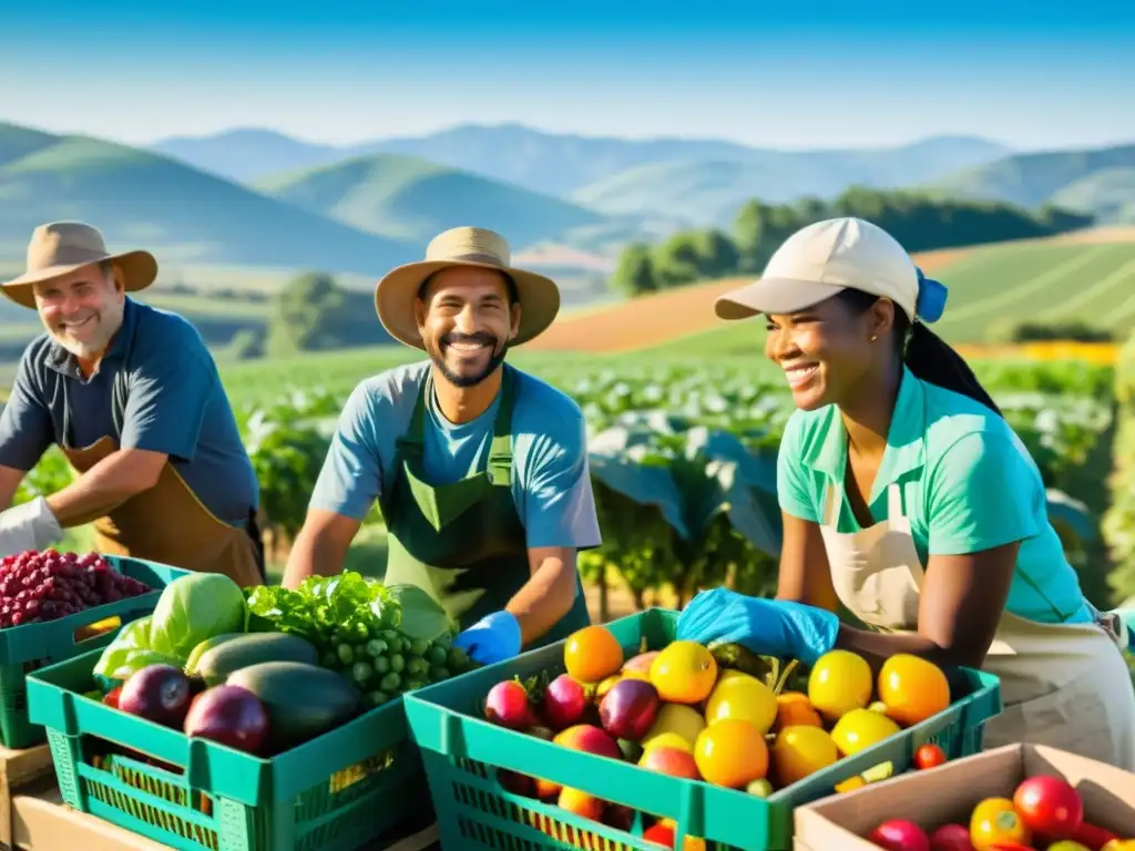 Trabajadores sonrientes cosechando alimentos orgánicos en un campo soleado, evocando seguridad alimentaria y abundancia natural