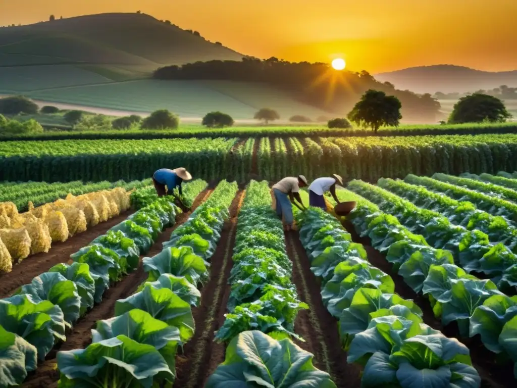 Trabajadores cosechando vegetales orgánicos al atardecer, creando una atmósfera de tranquilidad y dedicación en granjas orgánicas