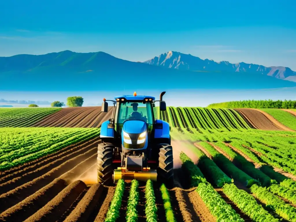 Un tractor autónomo surca una finca orgánica, destacando entre la belleza natural