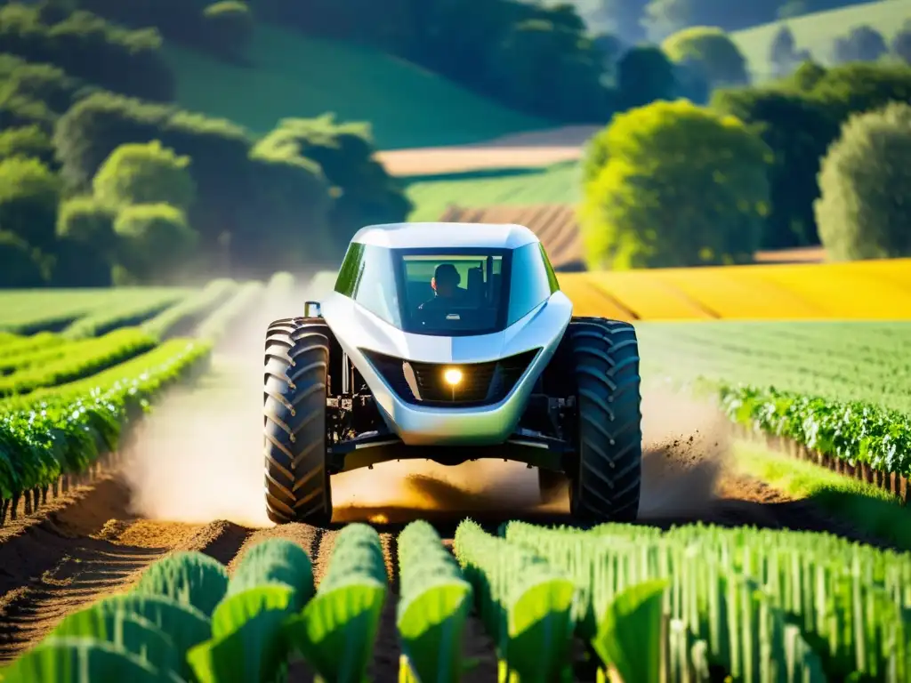 Un tractor autónomo recorre una finca orgánica, fusionando tecnología avanzada y tradición agrícola