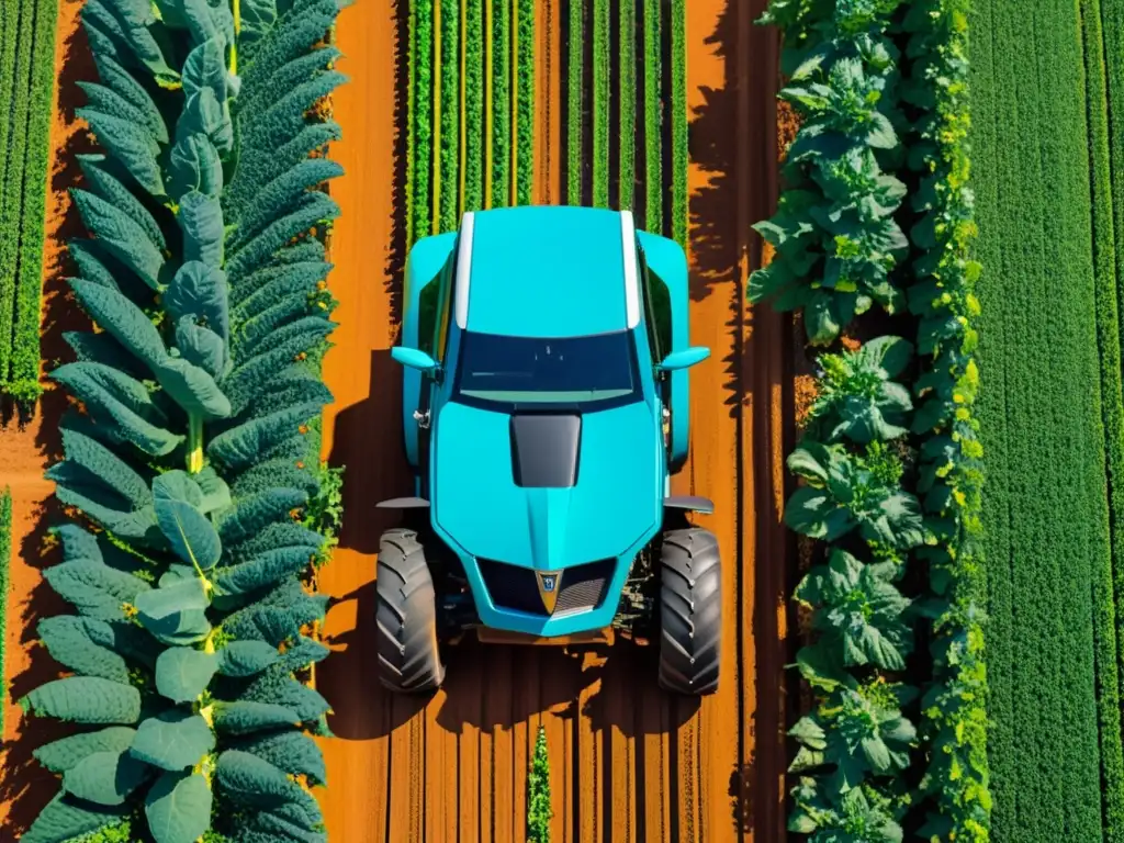 Un tractor autónomo futurista surcando cultivos orgánicos, fusionando tecnología avanzada y prácticas agrícolas sostenibles