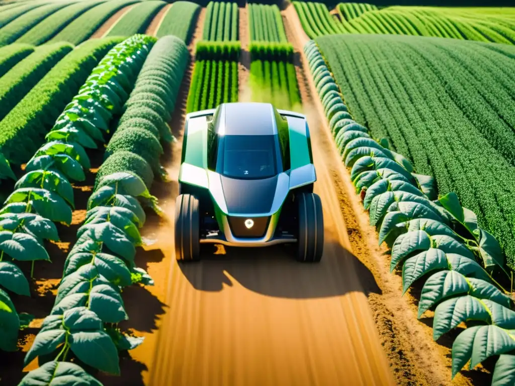 Un tractor autónomo futurista recorre una exuberante finca orgánica al sol, destacando la integración armoniosa de tecnología y naturaleza