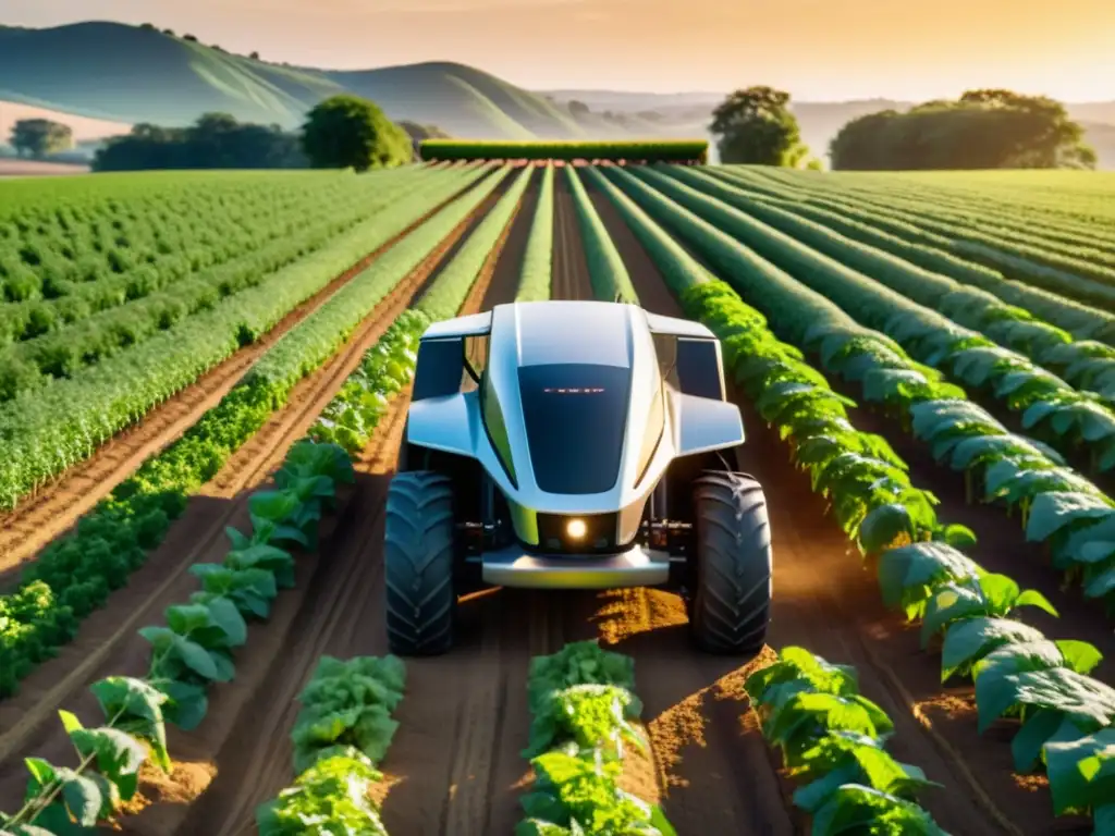 Un tractor autónomo futurista recorre una finca orgánica bañada por el sol