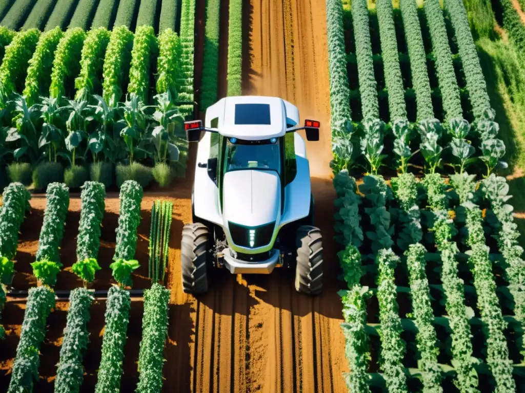 Tractor autónomo plateado surcando cultivos verdes en finca orgánica soleada, integrando tecnología avanzada