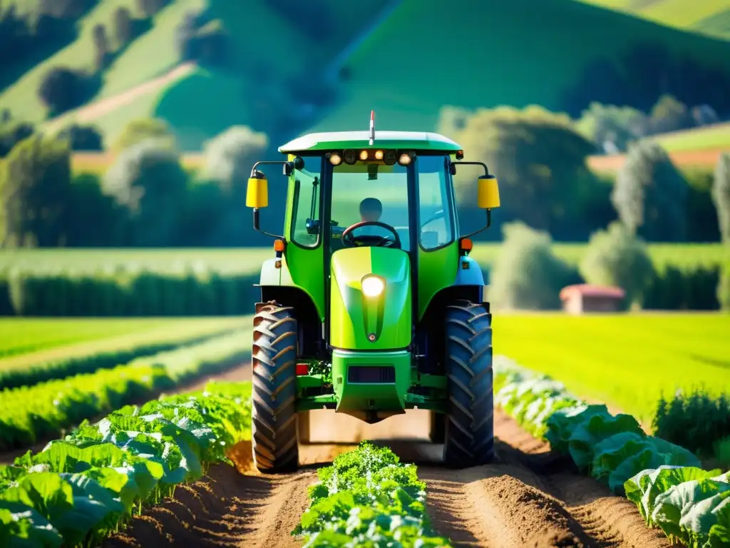 Tractor eléctrico ecoamigable en granja orgánica, reduciendo huella carbono transporte agricultura