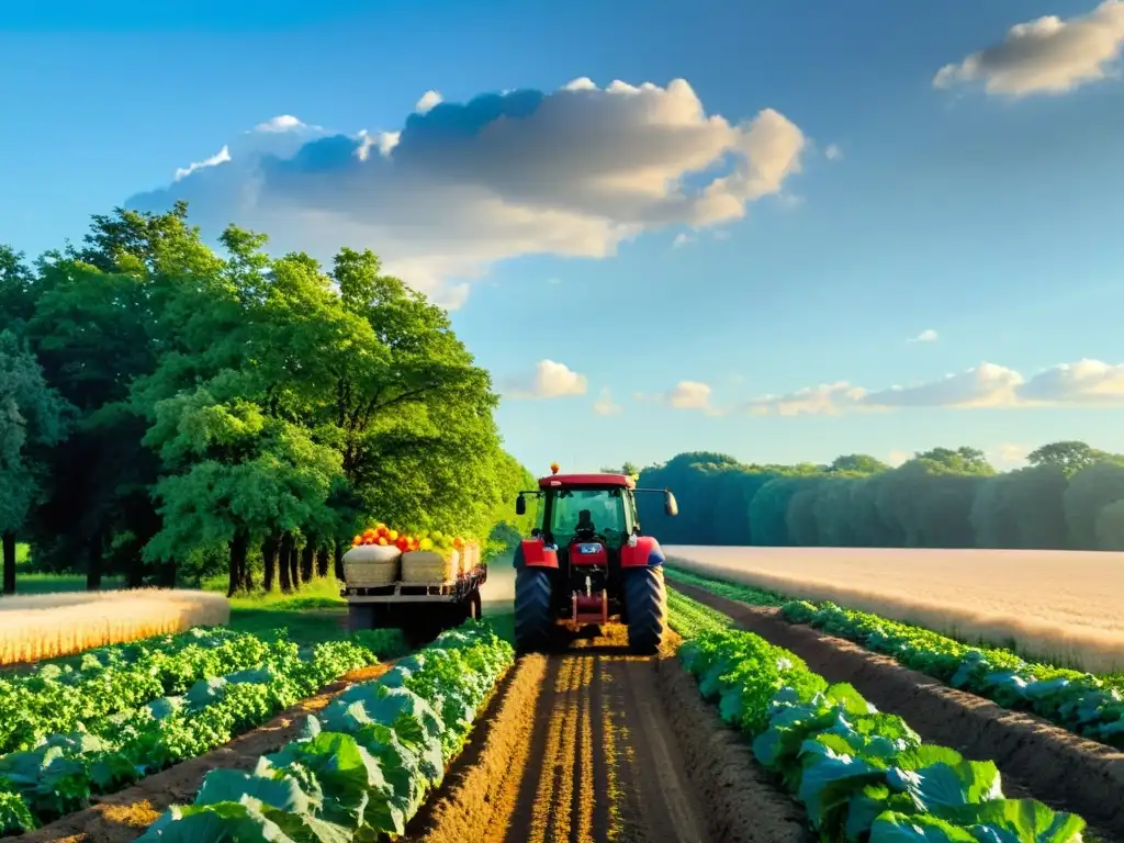 Un tractor descargando frutas y verduras en un campo, simbolizando la reducción de la huella de carbono en el transporte agrícola