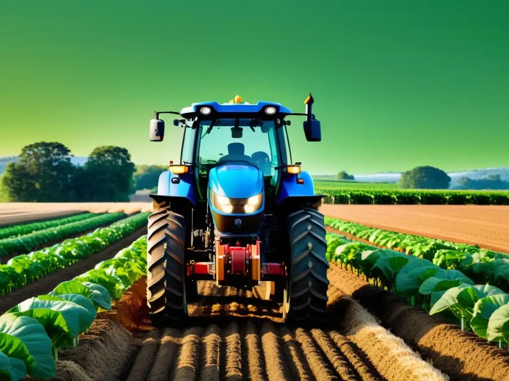 Un tractor moderno en una granja orgánica, rodeado de cultivos perfectamente cultivados, reflejando la eficiencia y armonía de los equipos avanzados cultivo orgánico