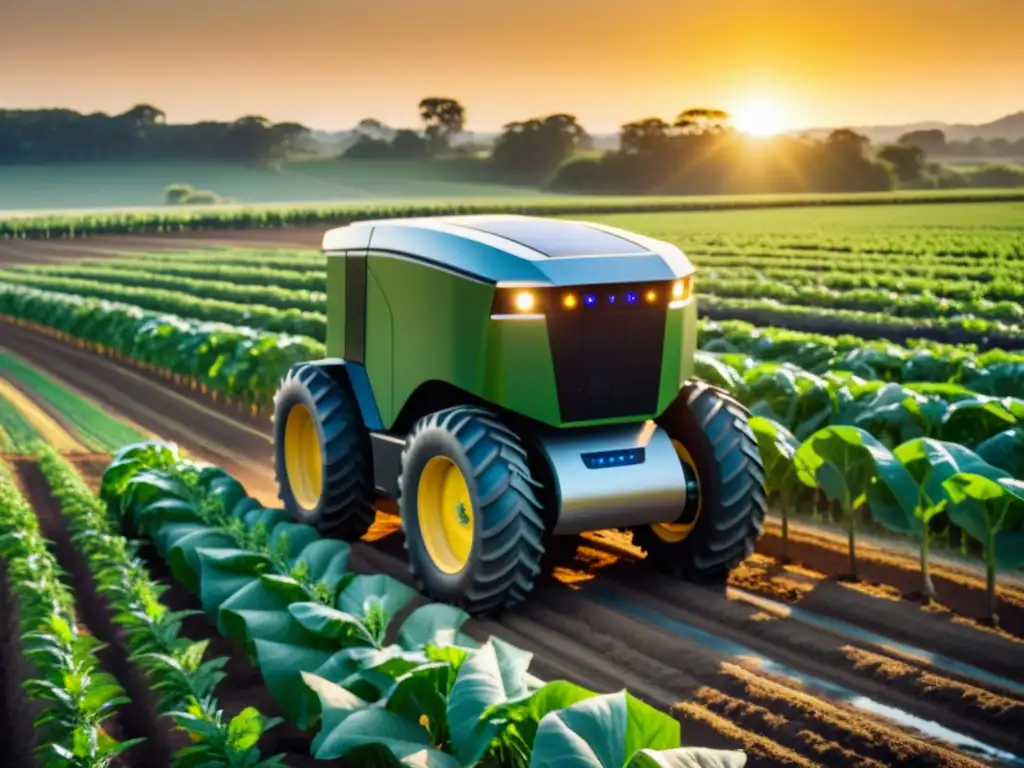 Tractor robótico solar en campo orgánico, simbolizando la armonía entre energías renovables y agricultura orgánica