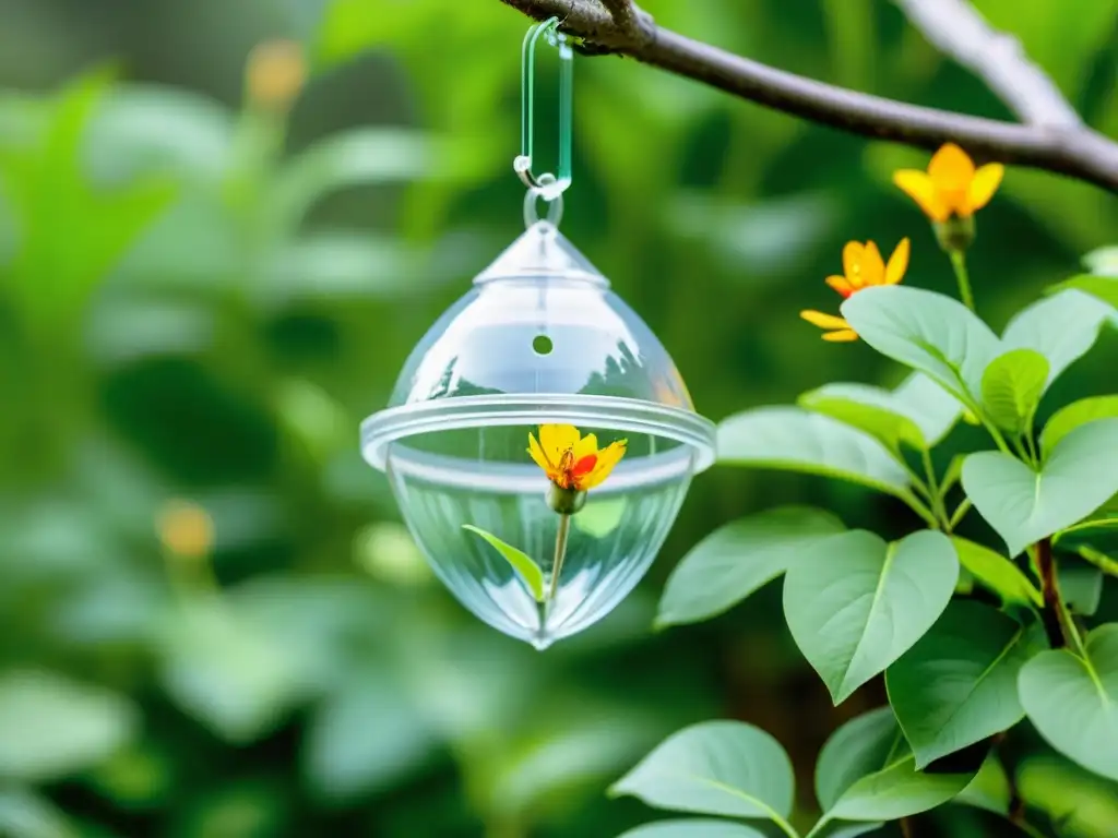 Una trampa de feromonas en un jardín orgánico controla plagas, con diseño detallado y efectivo