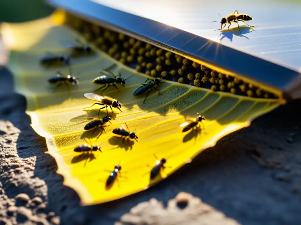 Trampas cromáticas para plagas orgánicas capturando insectos en detalle, iluminadas por suave luz solar