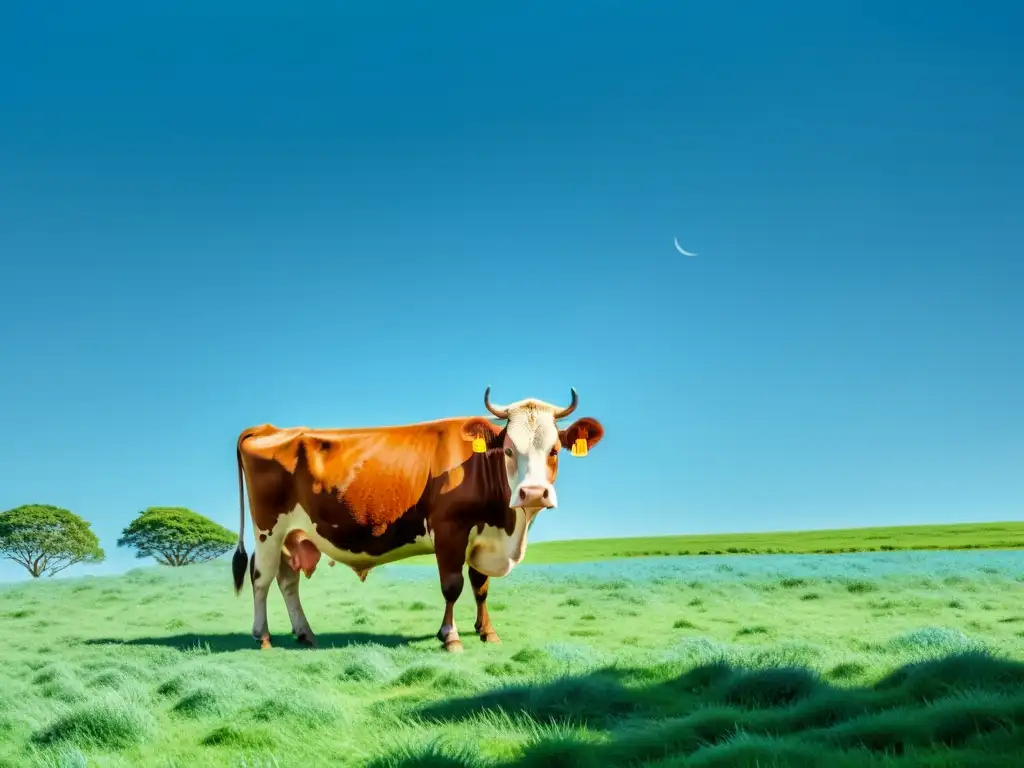 Una tranquila escena de pasto verde y cielo azul, con una vaca pacífica pastando en la distancia