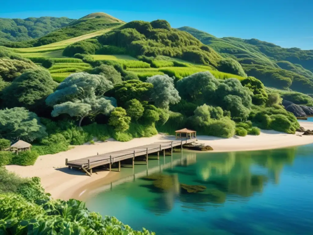 Tranquilidad en granja orgánica costera, vista de muelle rústico, olas suaves y vegetación exuberante bajo cielo azul