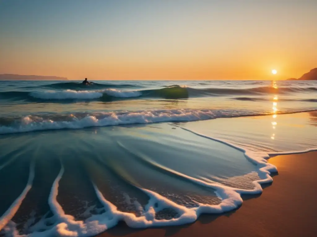 Un tranquilo atardecer en el mar, con olas suaves y cielo despejado reflejando la cálida luz dorada